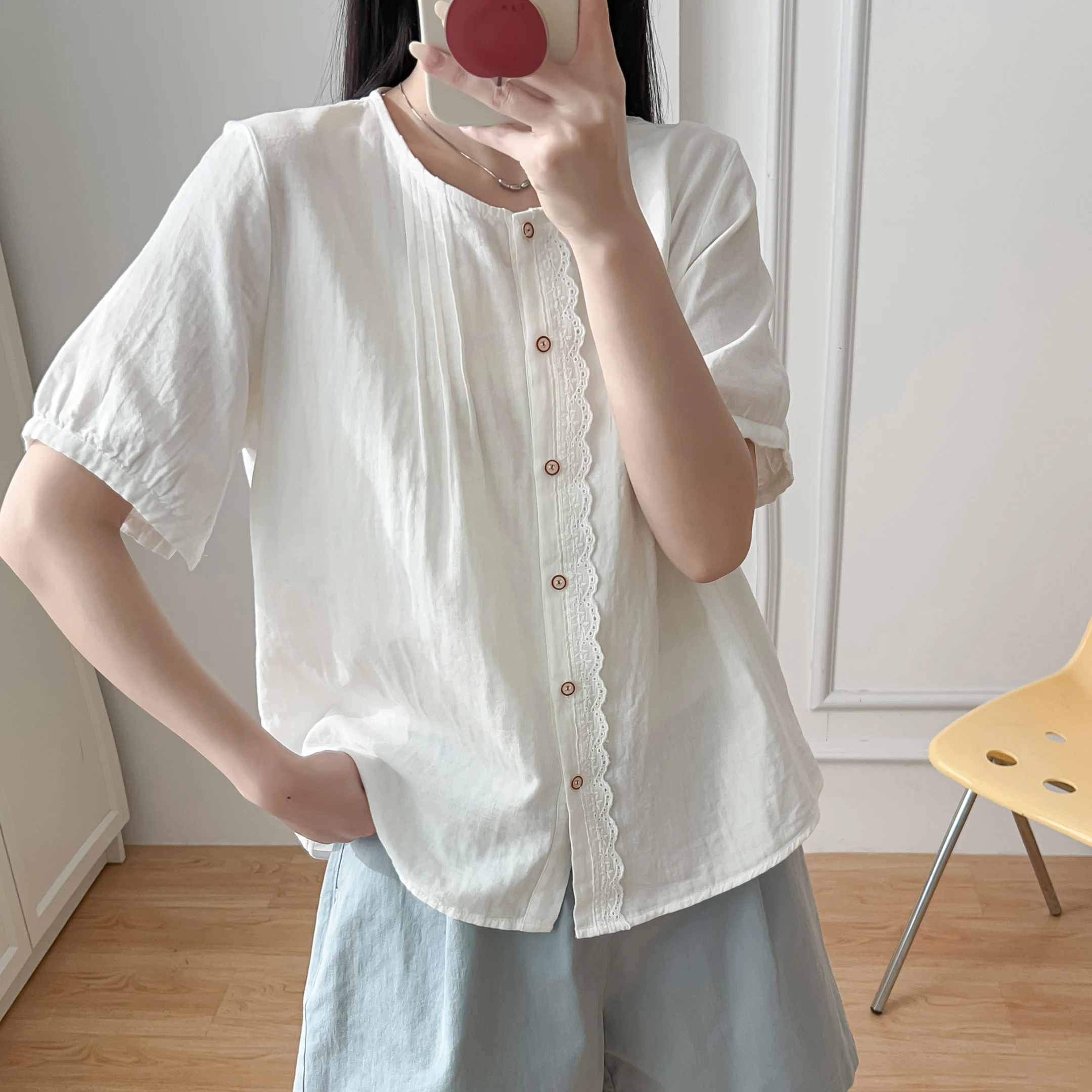 Pure Cotton Short Sleeve White Shirt Women's round Neck Lace Trim Button Front College Style Loose Fit Anti Aging Top