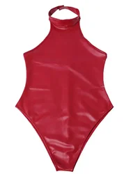 Faux Latex PU Leather Catsuit Backless Wet Look PVC Swimsuit Shiny PU Leather Close Crotch Bodysuit Tight Sexy Cosplay Body Top