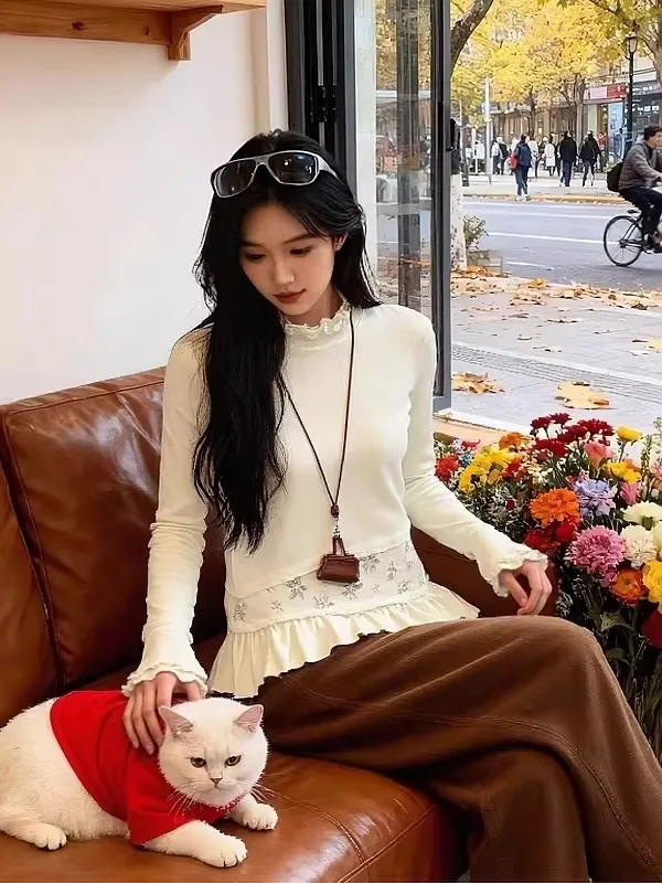 

Футболка Sweet Sle Long Sve, женская внутренняя одежда, кружевной подол, ухо, мускулистый дизайн с рюшами, зимний новый модный топ