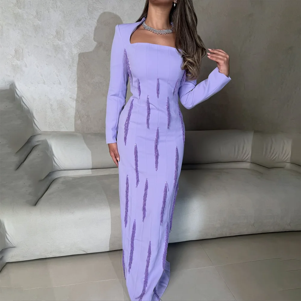 Lavendel avondjurk vierkante hals lange mouwen kwastje jersey avondjurken vloerlengte rechte galajurken op maat