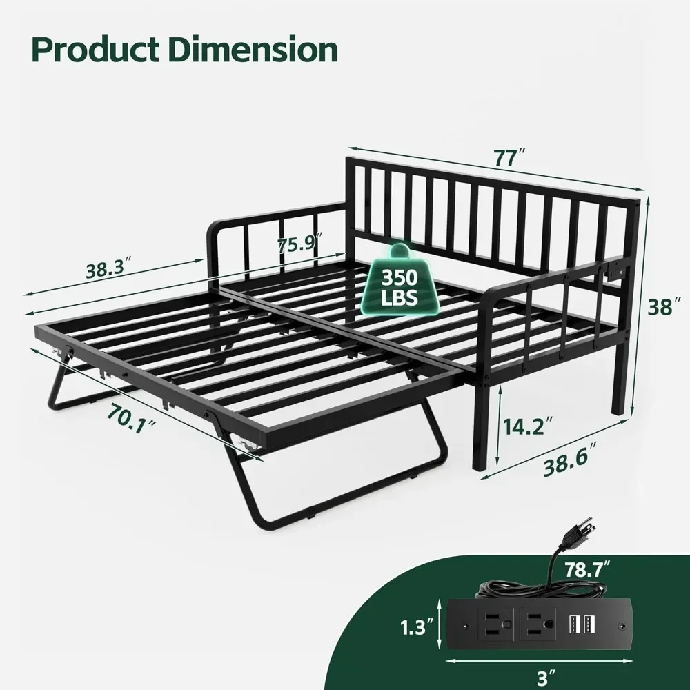 Daybed with Trundle Bed, Twin Bed Frame with Charging Station and LED Lights, Metal Sofa Day Bed with Pop Up Trundle