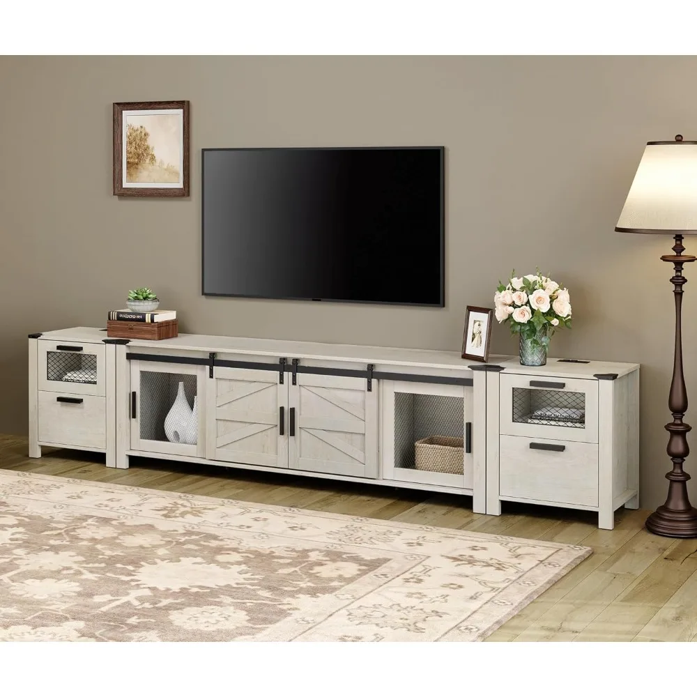 TV Stand Set for 85 Inch TV with Charging Station, 3 in 1 Wood Entertainment Center TV Console Table for Living Room, Antique