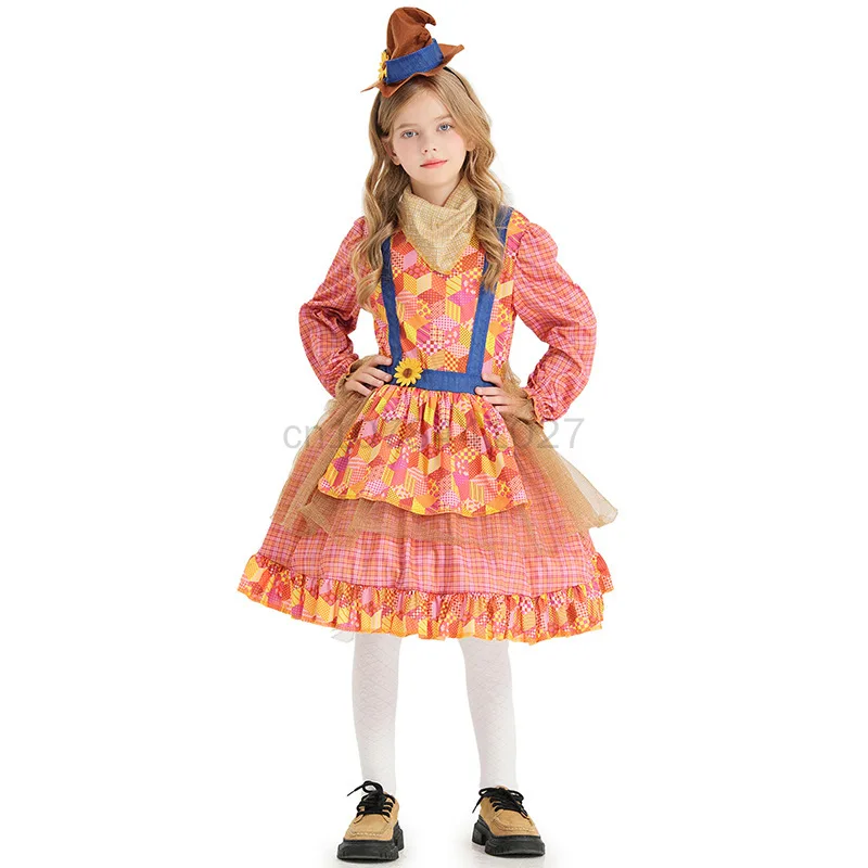 Vêtements de fermier d'Halloween pour enfants, robe d'épouvantail pour filles, costume d'horreur effrayant, robe de jeu en plis pour enfants