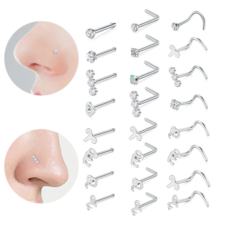 4pcs/lot 20G Stainless Steel Constellations Nose Stud Set Heart Zircon Crystal Nose Piercing L Shape Nostril Piercing Jewelry