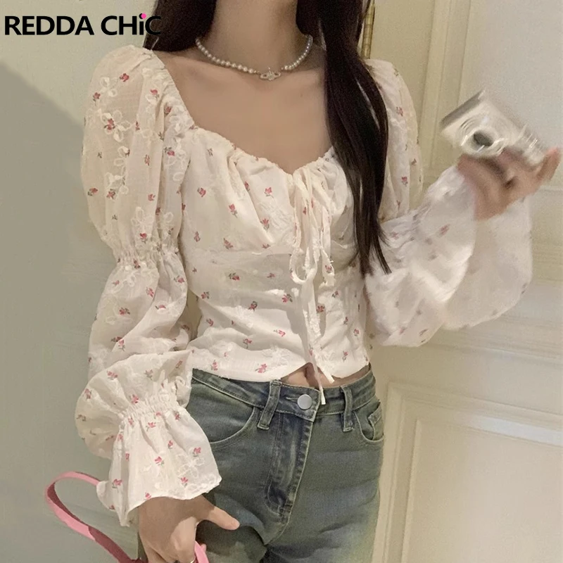 

ReddaChic Strappy Square Neck Floral Crop Top Women Casual Puff Sleeves Jacquard Lace Patchwork T-shirt Summer Korean Clothes