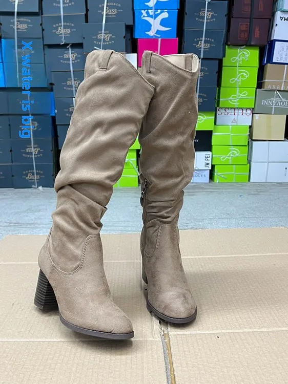 

Модные женские сапоги-ботфорты с круглым носком, однотонные, на высоком каблуке, с боковой молнией, универсальные, на толстом каблуке, весна-осень