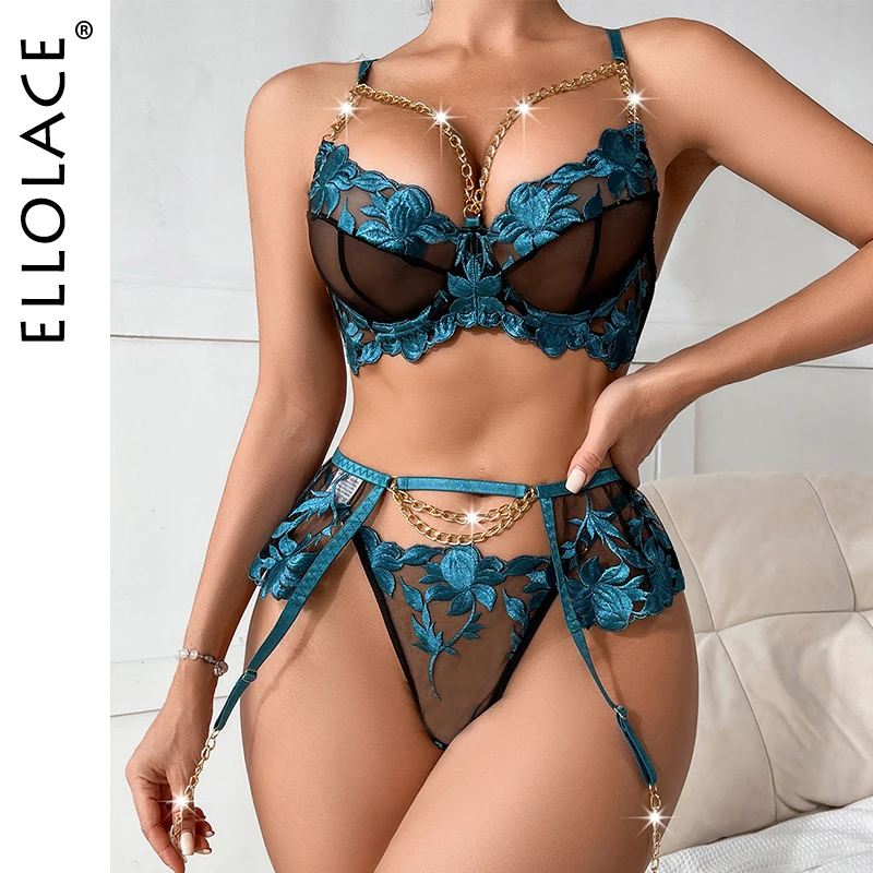 

Ellolace Fancy Lingerie Attractive Chest Suspenders Transparent Beautiful Underwear Suckers Romantic Garter Belt Set 3 Pieces