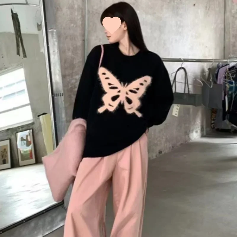 Sweet Spicy Butterfly Loose Fit Black Sweater Women's 2024 Autumn/Winter Faux Mink Fur High End Casual Knitted Top Jacket