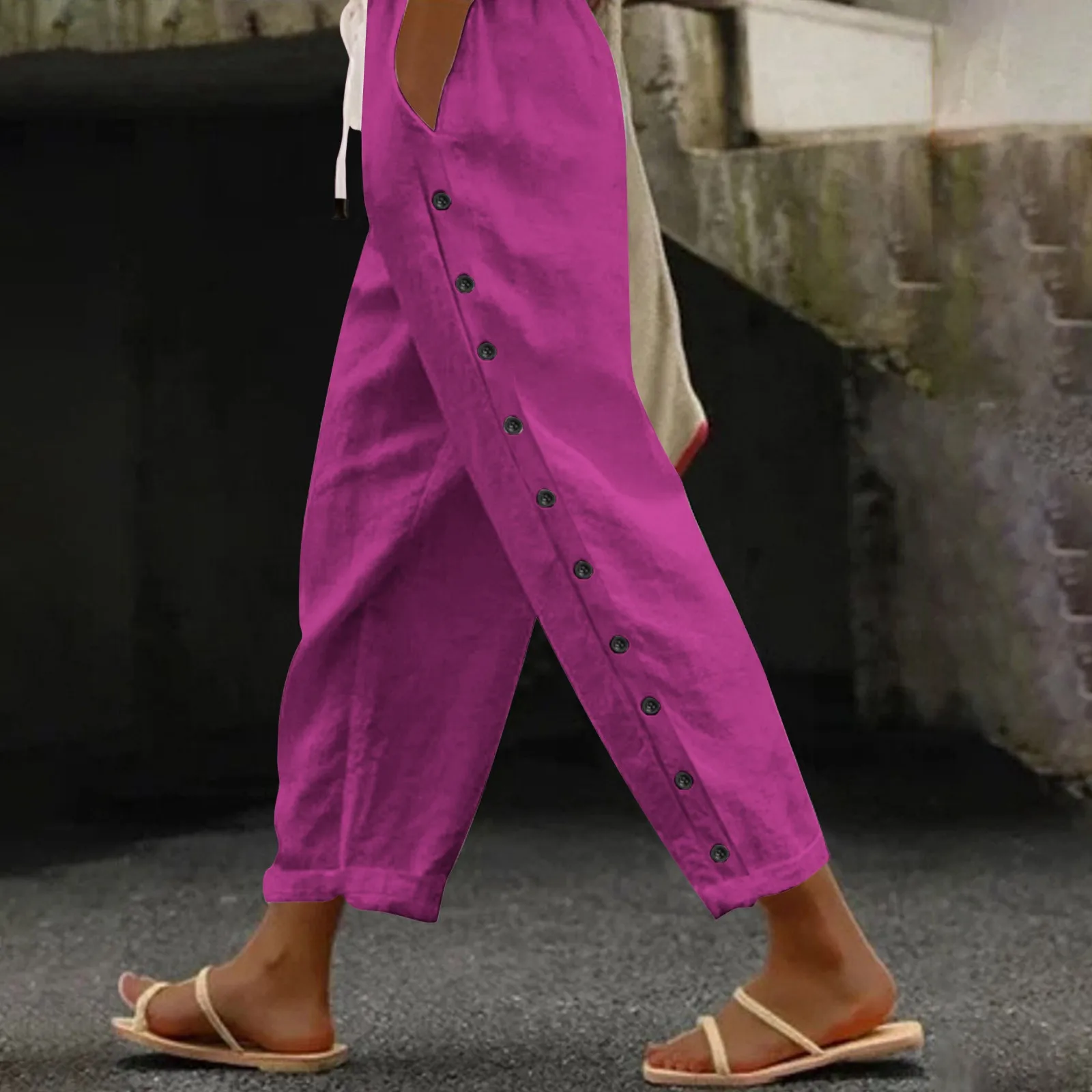 

Women Cotton Linen Pants 2024 Summer Solid Color Elastic Waist Loose Straight Trousers Female Y2K High Waist Wide With Button