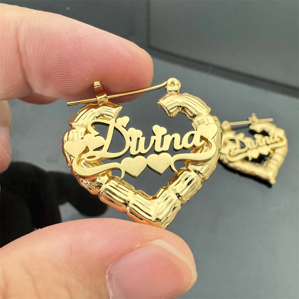 

Серьги из бамбука в форме сердца из нержавеющей стали, серьги-кольца с индивидуальным именем, персонализированные украшения, подарки для мамы для женщин, табличка с именем Aros Mujer