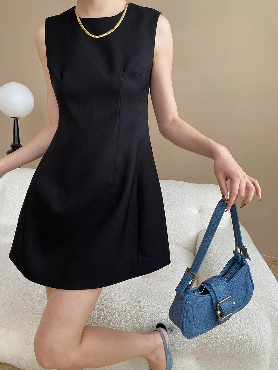Eleganckie czarne mini sukienki Wiosna Kobiety Bez rękawów Okrągły dekolt Zamek błyskawiczny Kamizelka Sukienka Nowa Letnia wysoka talia Pullover Krótka sukienka
