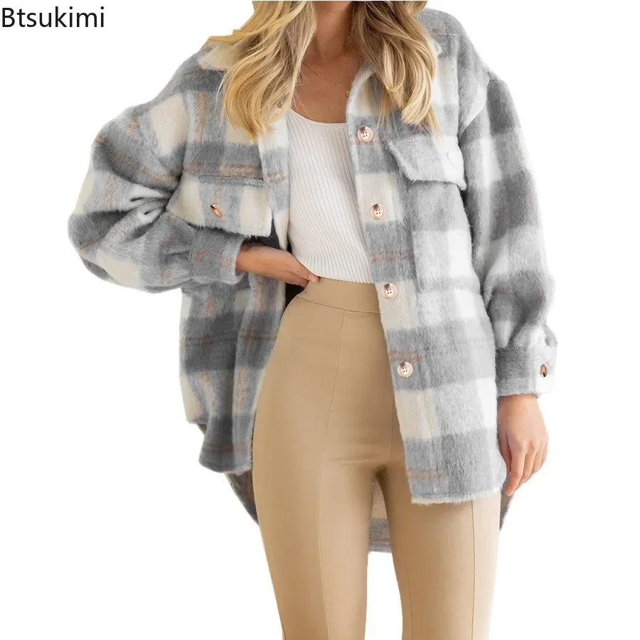 2024 New Women's Thicker Warm Overcoat Fashion Plaid Loose Casual Woolen Coats Long Sleeve Single-breasted Autumn Winter Jackets