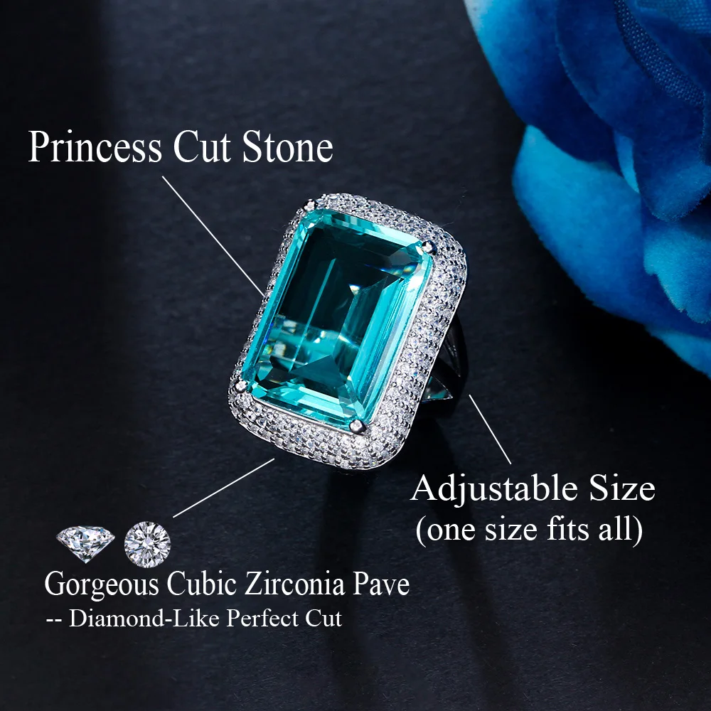 CWWZircons Adjustable Princess Cut Big Green Cubic Zirconia Rectangle Luxury Rings for Women Designer Wedding Party Jewelry R206