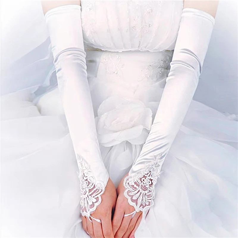 43cm Long Satin Sexy Lace Embroidery Hook Finger Gloves Retro Party Women Etiquette Drive Cosplay Dinner Dance Mittens