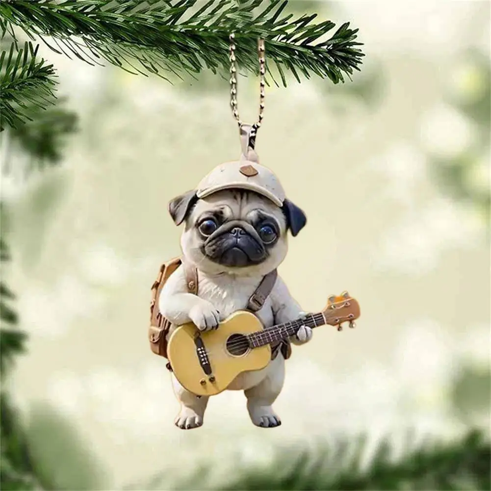 Dog Hanging Decoration Acrylic Pug Puppy Hanging Ornament for Christmas Tree Car Rearview Mirror Guitar Dog Cartoon for Home