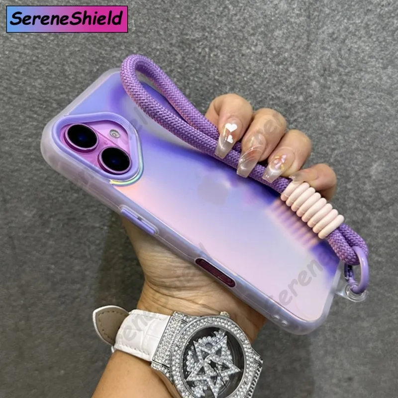 

Glitter Laser Matte Wrist Strap Case For iPhone 16 15 14 13 12 11 Pro Max 8 7 Plus XR XS X SE Colorful Lanyard Shockproof Cover