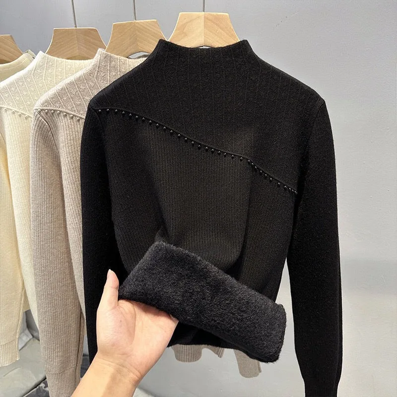 الخريف الشتاء الصوف سترة سميكة المرأة البلوز الدافئة المتكاملة الصوف شبه الياقة المدورة بلون محبوك قاع قميص