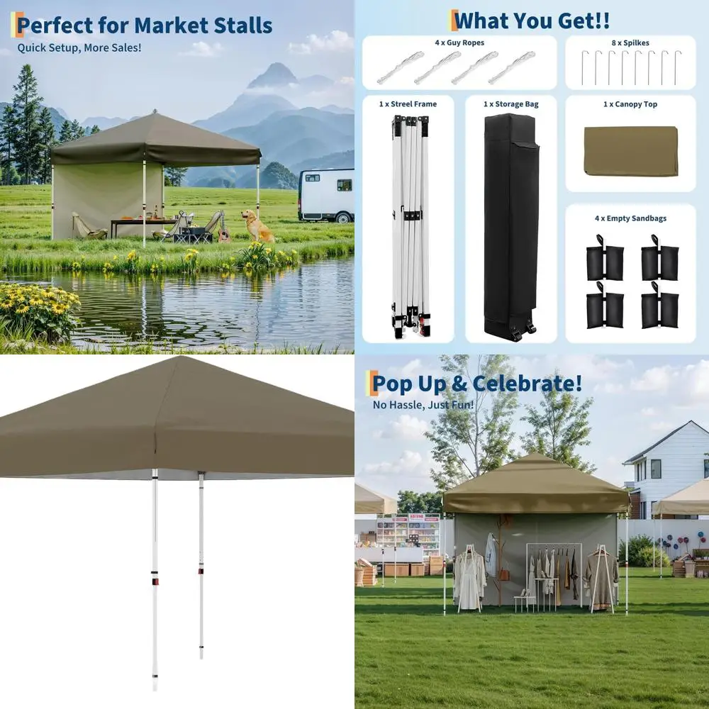 

10x10 Heavy-Duty Instant Pop-Up Canopy Tent with No Sidewalls, Easy One-Person Setup, Commercial Grade, Brown