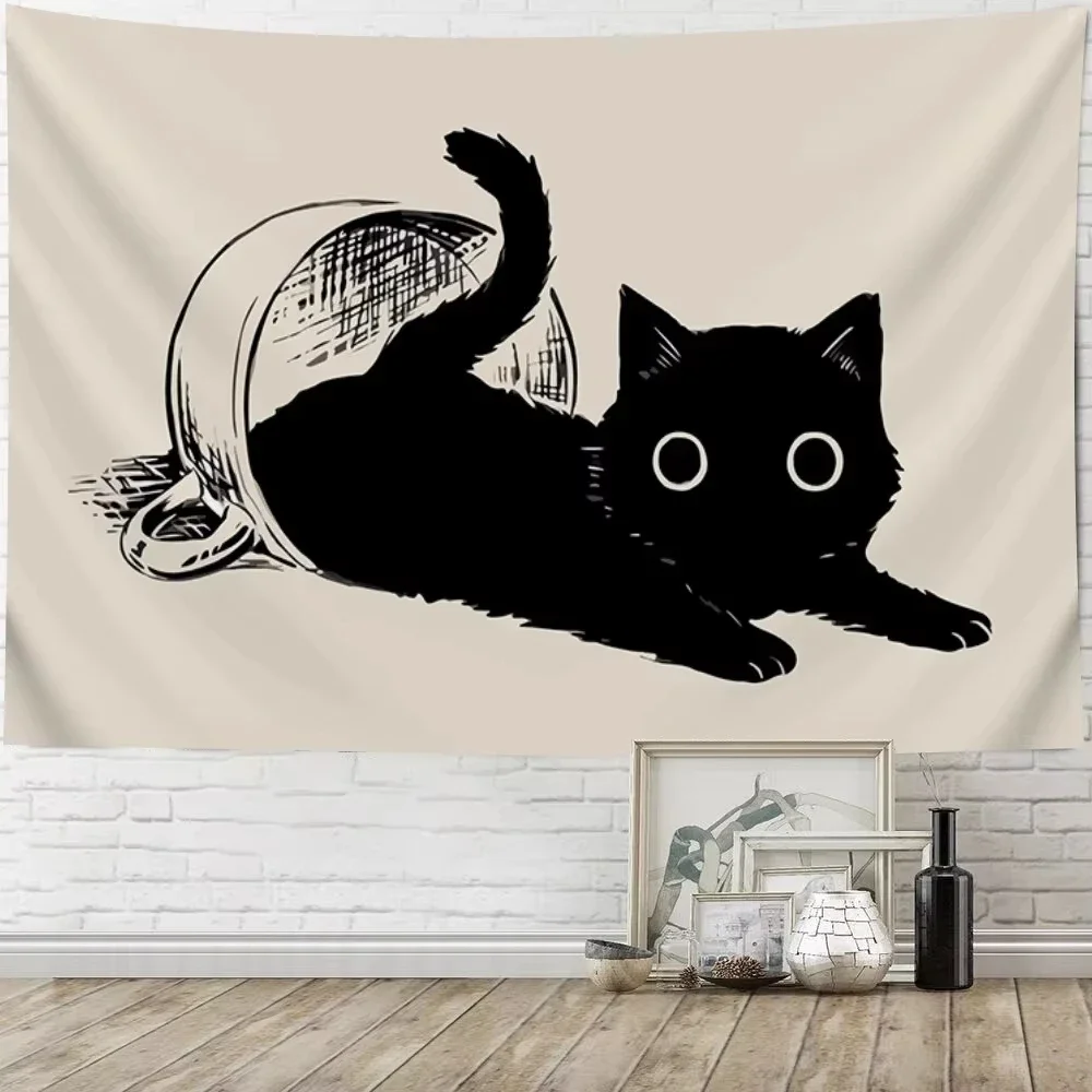 Healing Cat Wall Hanging: Black Cat Peeking Out of Teacup Design Bedroom & Living Room Feature Wall Decor