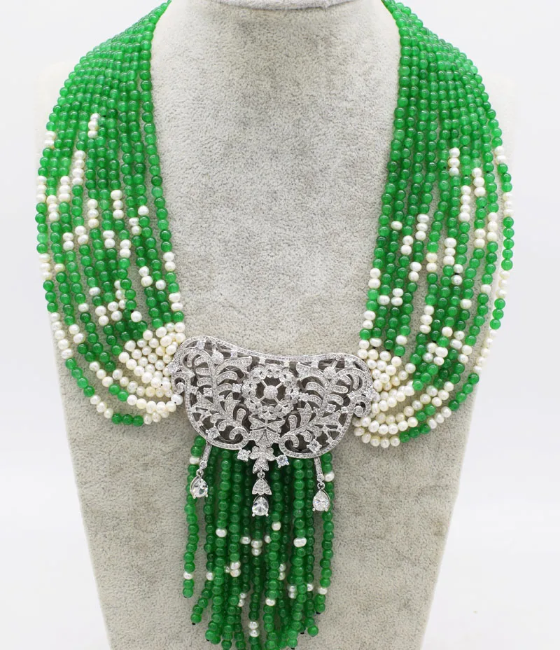 

10ROWS white freshwater pearl/green jade round & zircon flower pendant tassel neklace 16-20inch