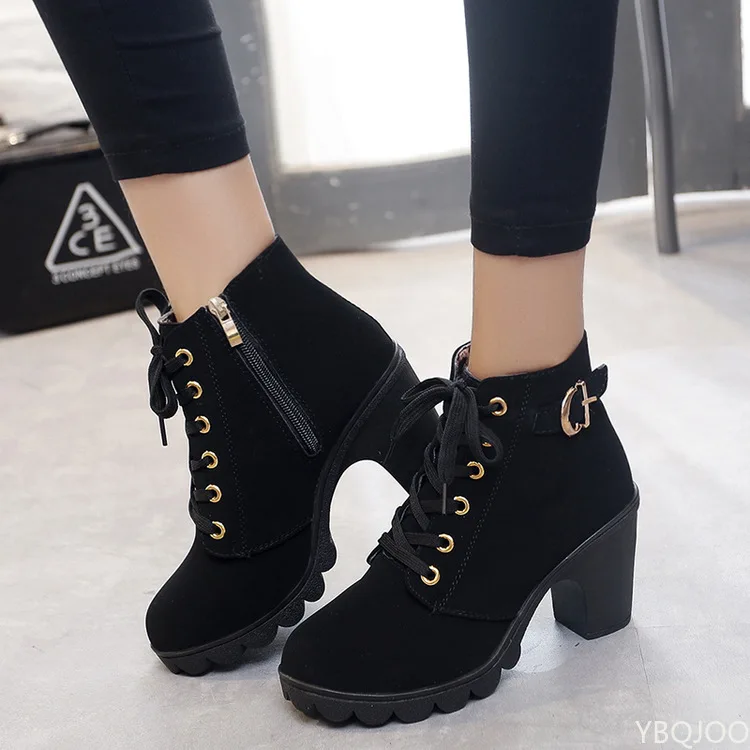 Women\'s Ankle Boots 2022 Autumn High Heel Belt Buckle Shoes Women Lace Up Platform Boots Women  Boots 42 Botas De Mujerv