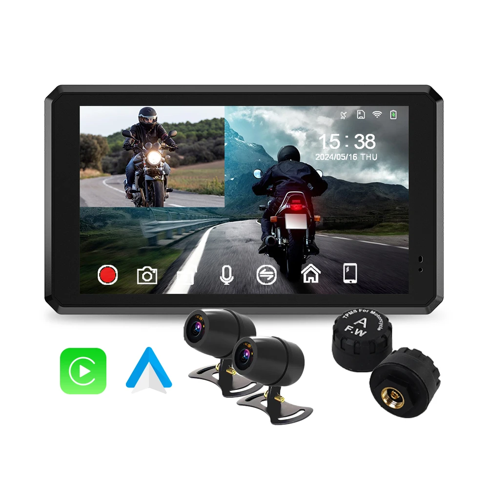 Motorcycle GPS Navigation CarPlay Android Auto Mirror Link Touch Screen Dashcam Camera TPMS Monitor IP67 Waterproof 5.5