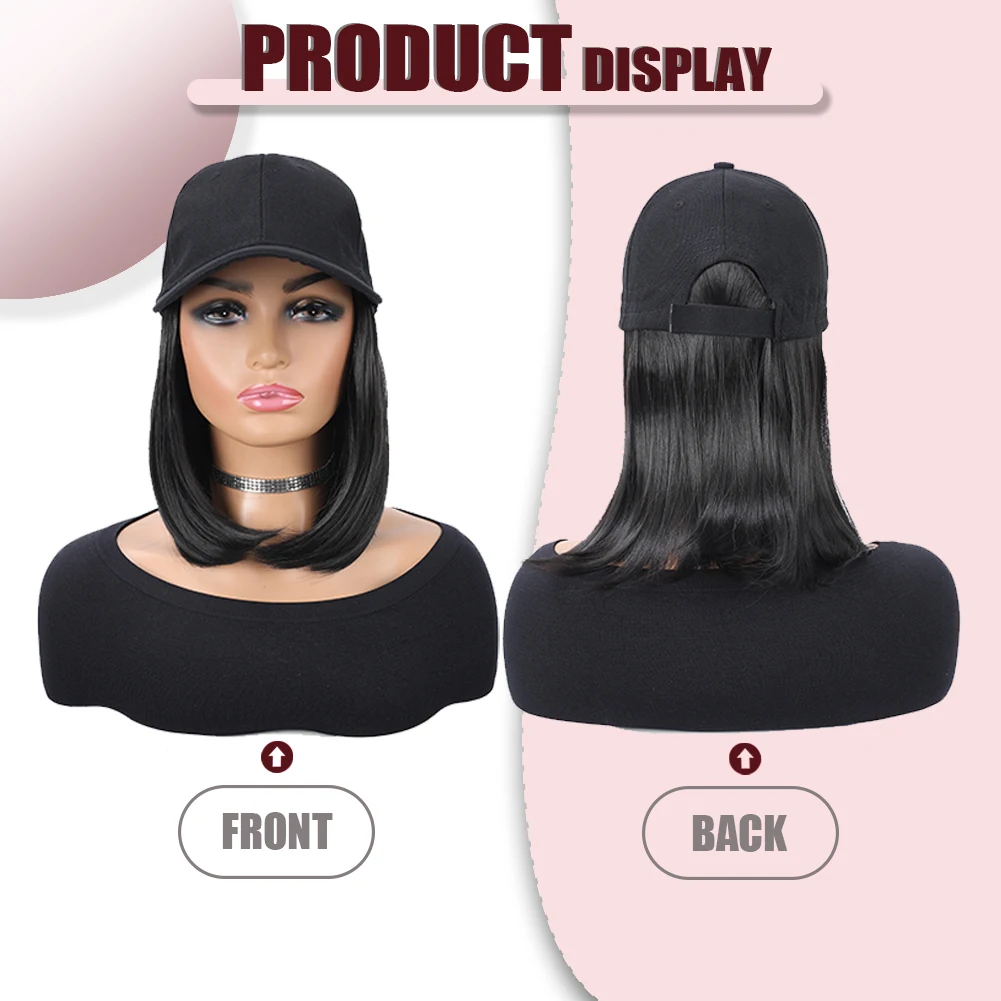 Baseball Cap with Synthetic Hair Extensions 10 Inches Straight Short Bob Hairstyle Adjustable Wig Hat for Women Girls