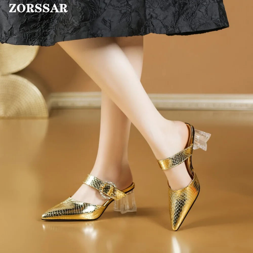 2024 Gold Silver Women Half Slipper Pointed Toe Slip on Ladies Mules Transparent Heel Outdoor Dress Sandal Shoes Plus Size 34-43