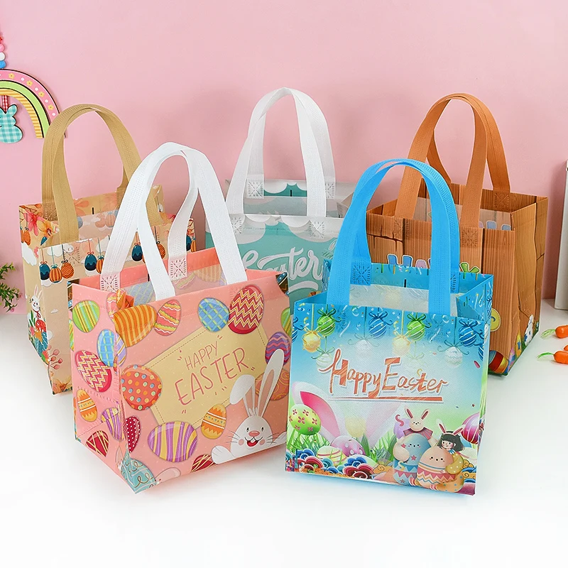 1PC Easter Non-Woven Tote Bag Easter Themed Shopping Bag Easter Basket Sustainable Reusable Bags Colorful Design