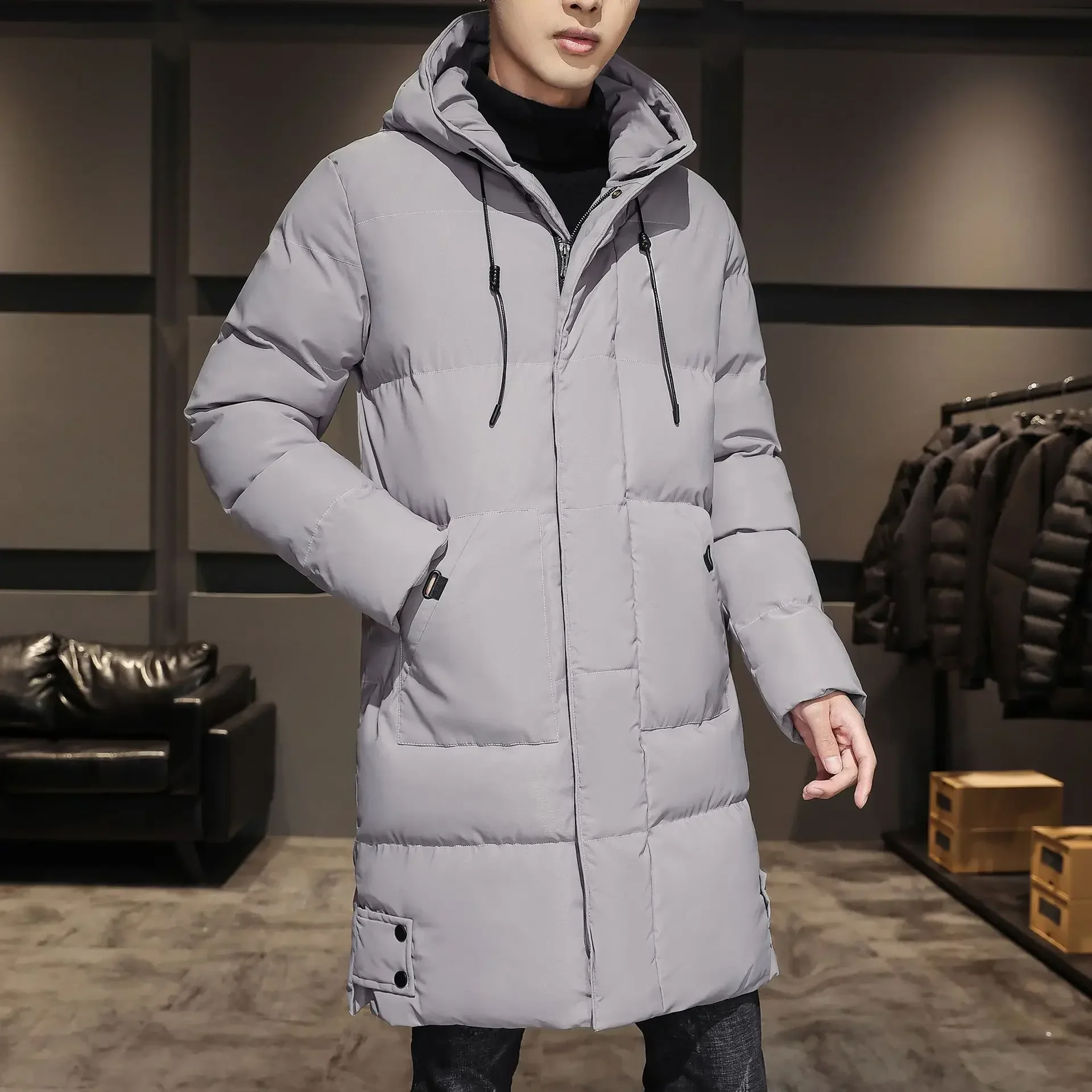 Korean Down Cotton Jacket Winter Lengthened Cotton Coat Men's Medium-length Knee Thickened Hooded Cotton Clothing