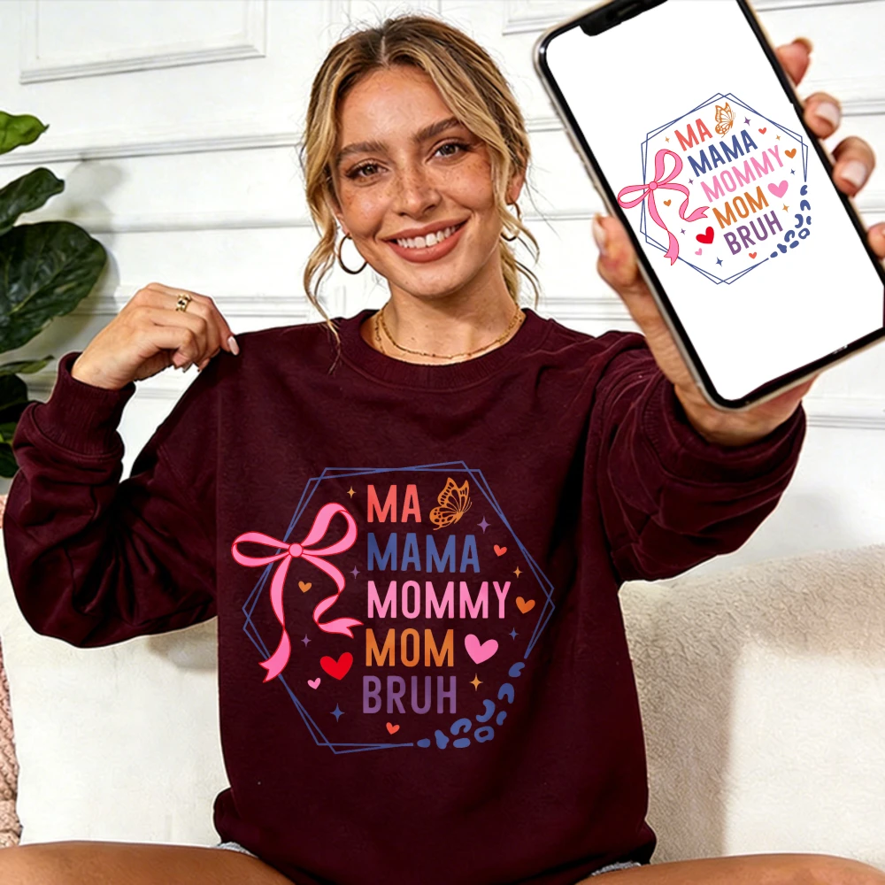 

Fun Stacked Mom Nickname Sweatshirt Bow Butterfly Accent Mom Gift with Hexagon Frame Leopard Print Details Crewneck Pullover