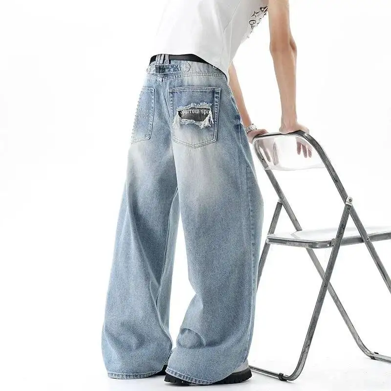 Edgy Men's Rivet Ripped Distressed Jeans Washed Blue Wide Leg Baggy Fit Streetwear Casual Loose Denim Long Pants 9XP3DL