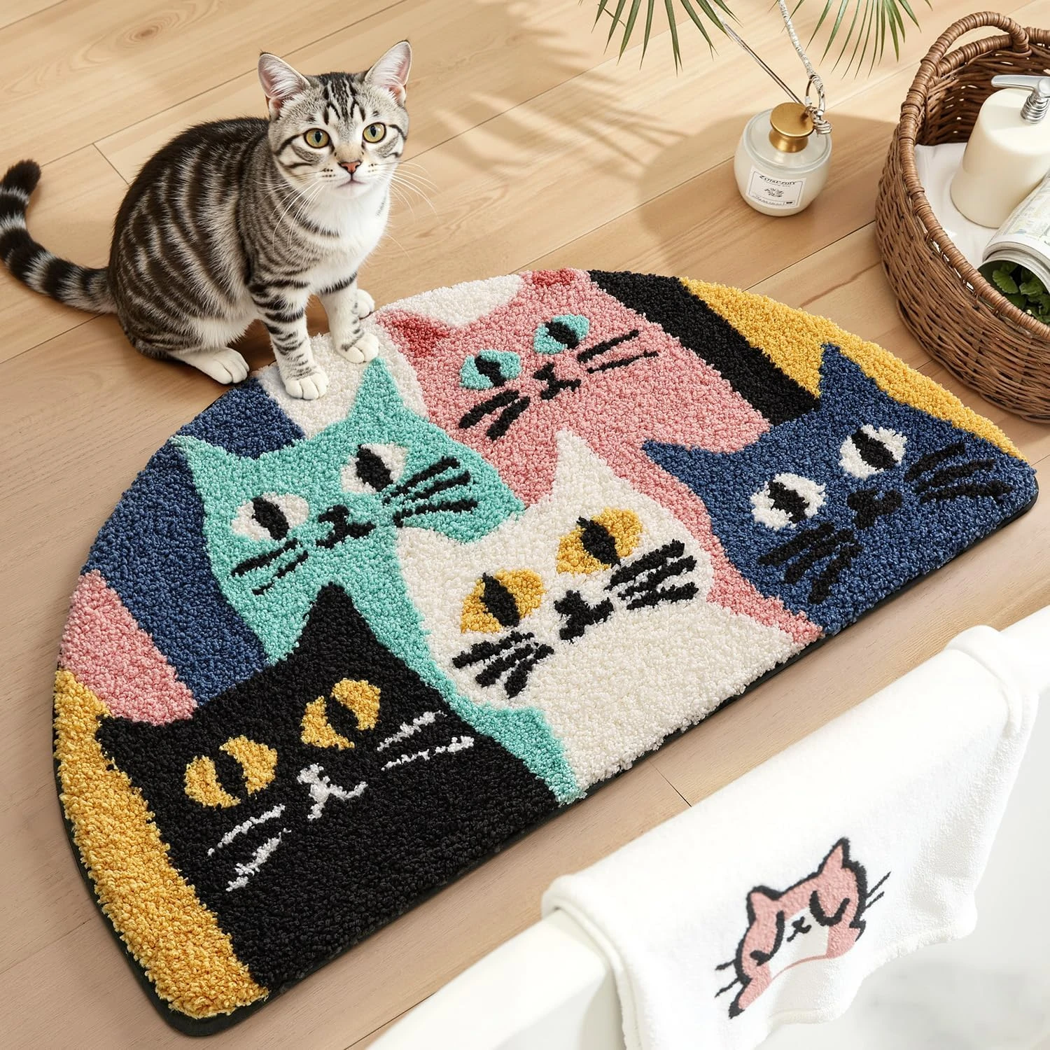 VIKAMA Colorful Cat Semicircle Doormat Non-Slip Absorbent Bathroom Entryway Rug Home Decor