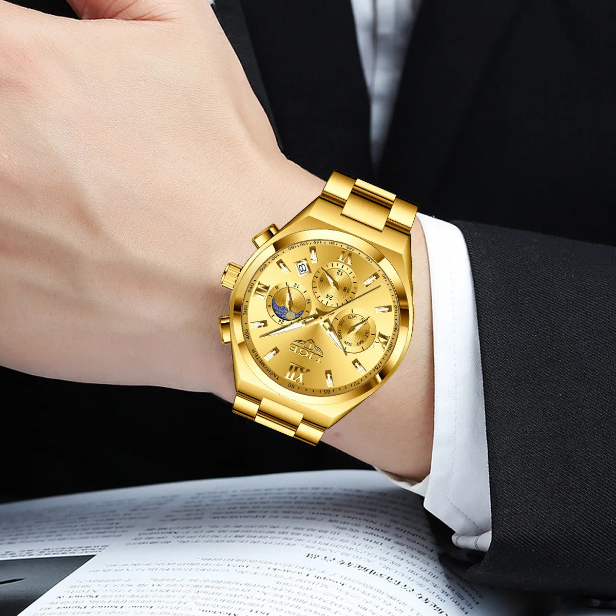 LIGE Luxury Man Watch Waterproof Calendar Business Quartz Wristwatch Fashion Moon Phase Gold Stainless Steel Men Watches Clock