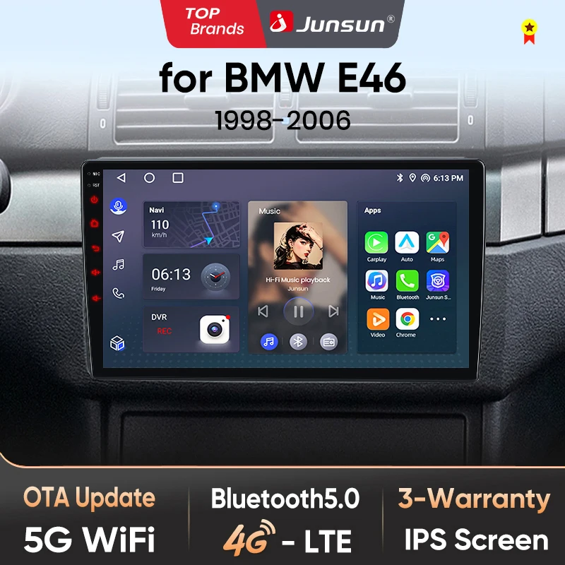 Autoradio sans fil Junsun CarPlay Android Auto pour BMW E46 M3 1998 1999 2000-2006 2 DIN, stéréo multimédia SWC BT FM RDS DSP, systèmes intelligents de voiture, navigation GPS