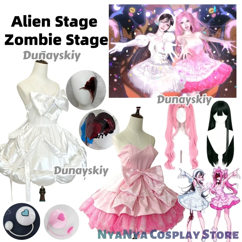 Alien Stage Zombie State Mizi Cosplay Costume Wig Pink Mini Dress Cute Big Bow Glitter Ruffle Skirt Idol Stage Outfit Full Set