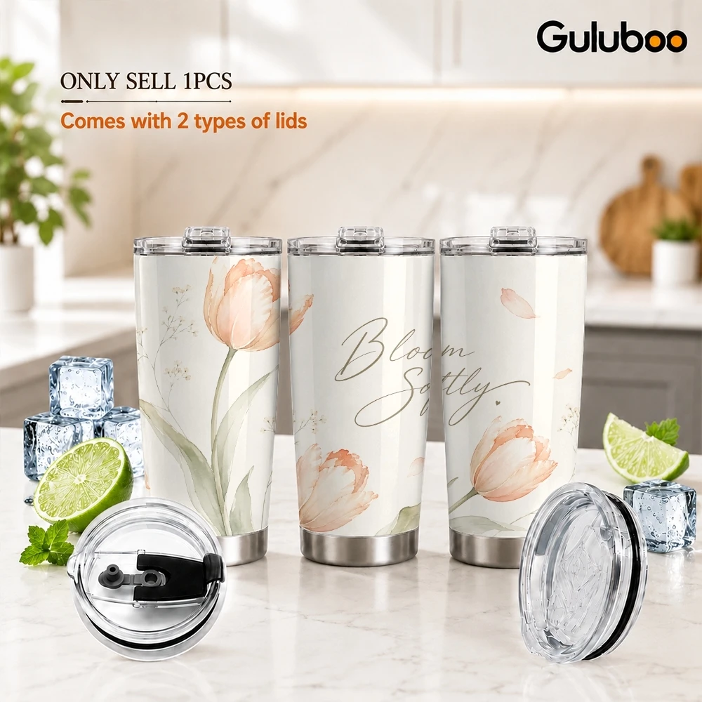 Watercolor Tulip Floral Vacuum Flasks 20oz Stainless Vacuum Insulated Shopping Leakproof Daily Commute Gift&Travel