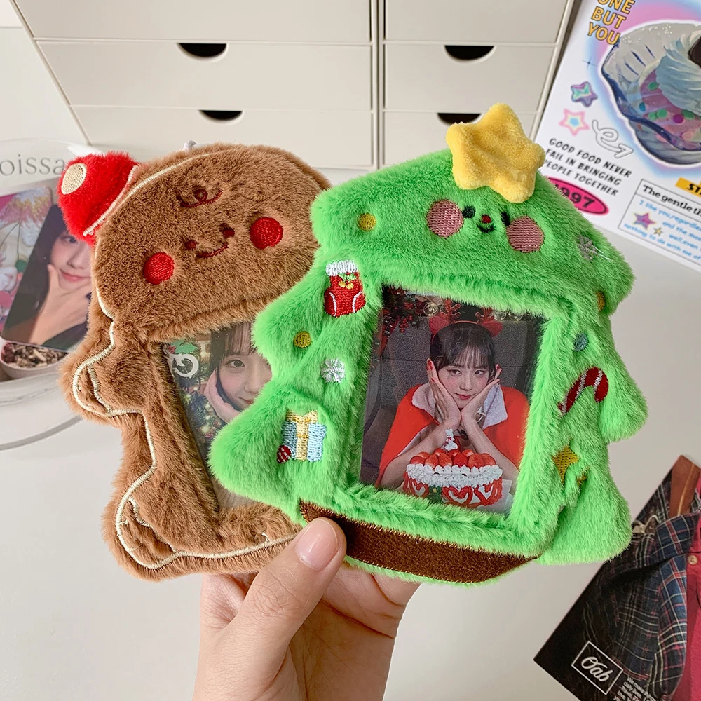 Cute Christmas Tree Plush Photo Frame Cute Gingerbread Man Kpop Photocard Sleeves for Bag Pendant Keychain for 3 Inch Photo