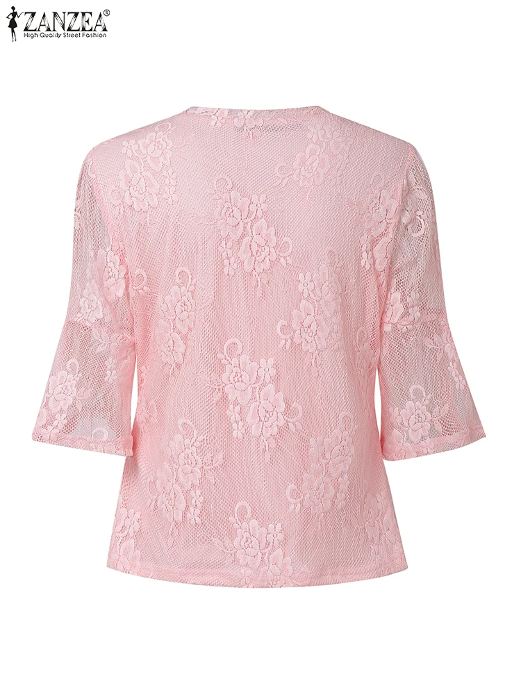 ZANZEA Vintage Lace Blouse Women Casual Loose Tops 2025 Seethrough Shirts Summer Beach Tops V-neck 3/4 Flare Sleeve Blusas