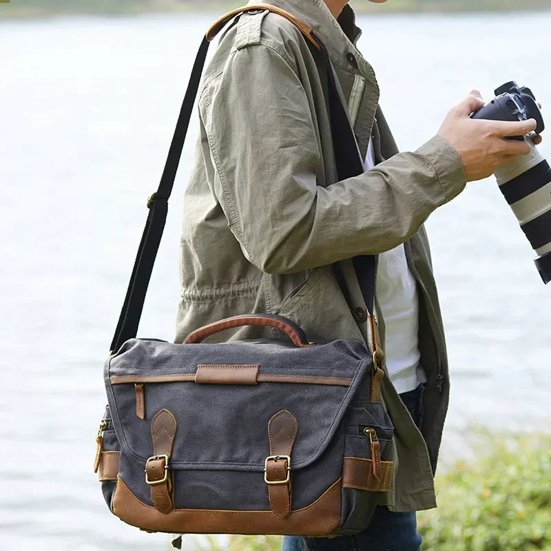 

Retro Camera Bag Waterproof Photography DSLR Messenger Bag Large Capacity Waxed Canvas Briefcase Satchel Shoulder Bag