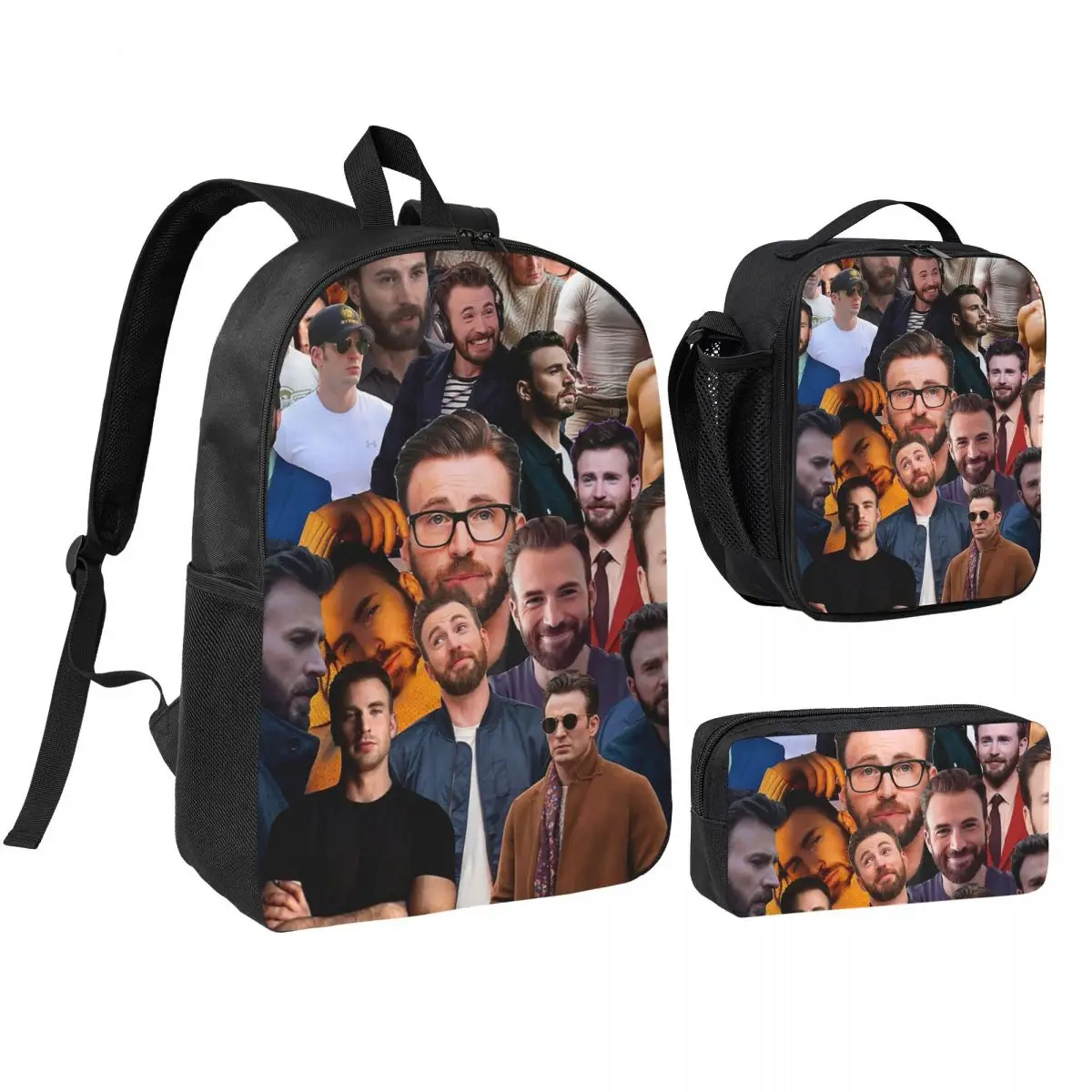Chris Evans Photo Collage Backpack Boys Girls BookBag School Bag Shoulder Bags 3ps Insulated Lunch Bag Pencil Case