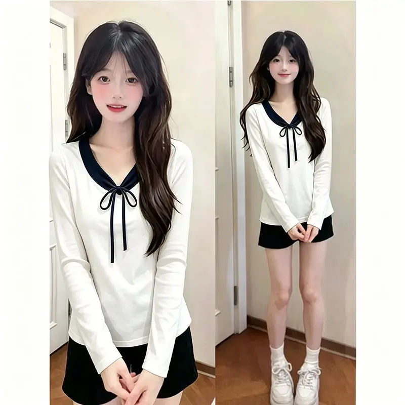 Japanese Preppy Style Long Sleeve Tops Women Sweet Contrast Color V Neck with Bow Slim Tees Autumn Girls Casual Street T Shirts