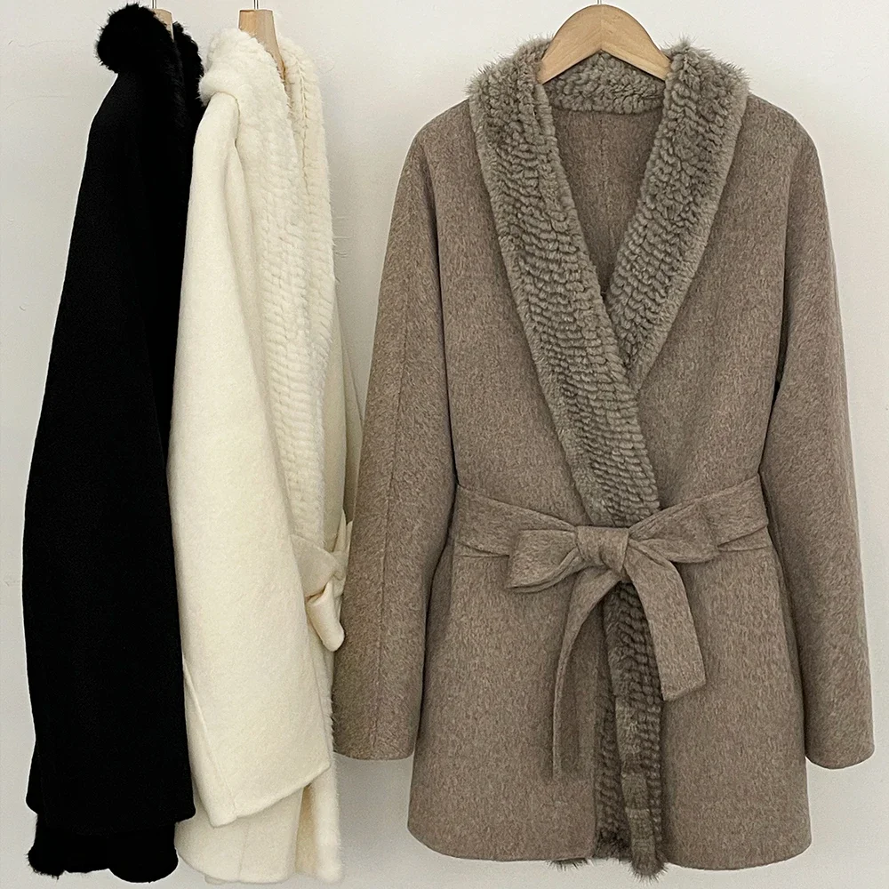 Luxury Wool Coat with Fur Trim Belted New Winter Clothes Women Natural Fur Wool Blend Placket Real Mink Fur Collar Mid Length