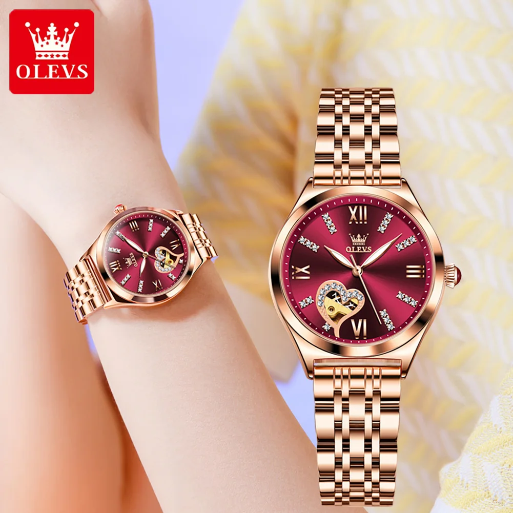 OLEVS 6636 Original Mechanical Watch For Women Diamond Luxury Hollow Elegant Woman Wristwatch Roman Scale Waterproof Watches