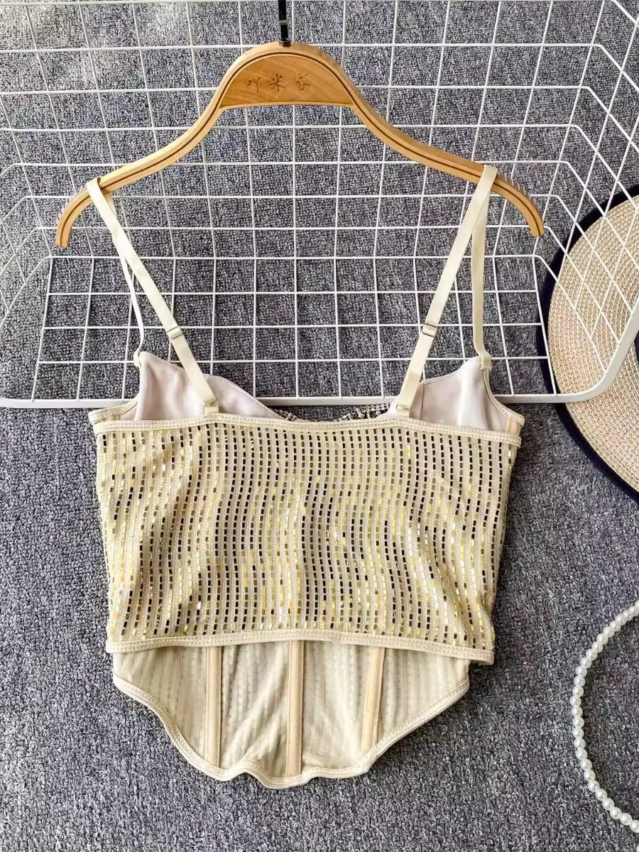 Foamlina – Corset tendance à paillettes et strass pour femmes, conçu européen, estampage à chaud, col licou, Slim Fit, Sexy, dos nu, gilet court