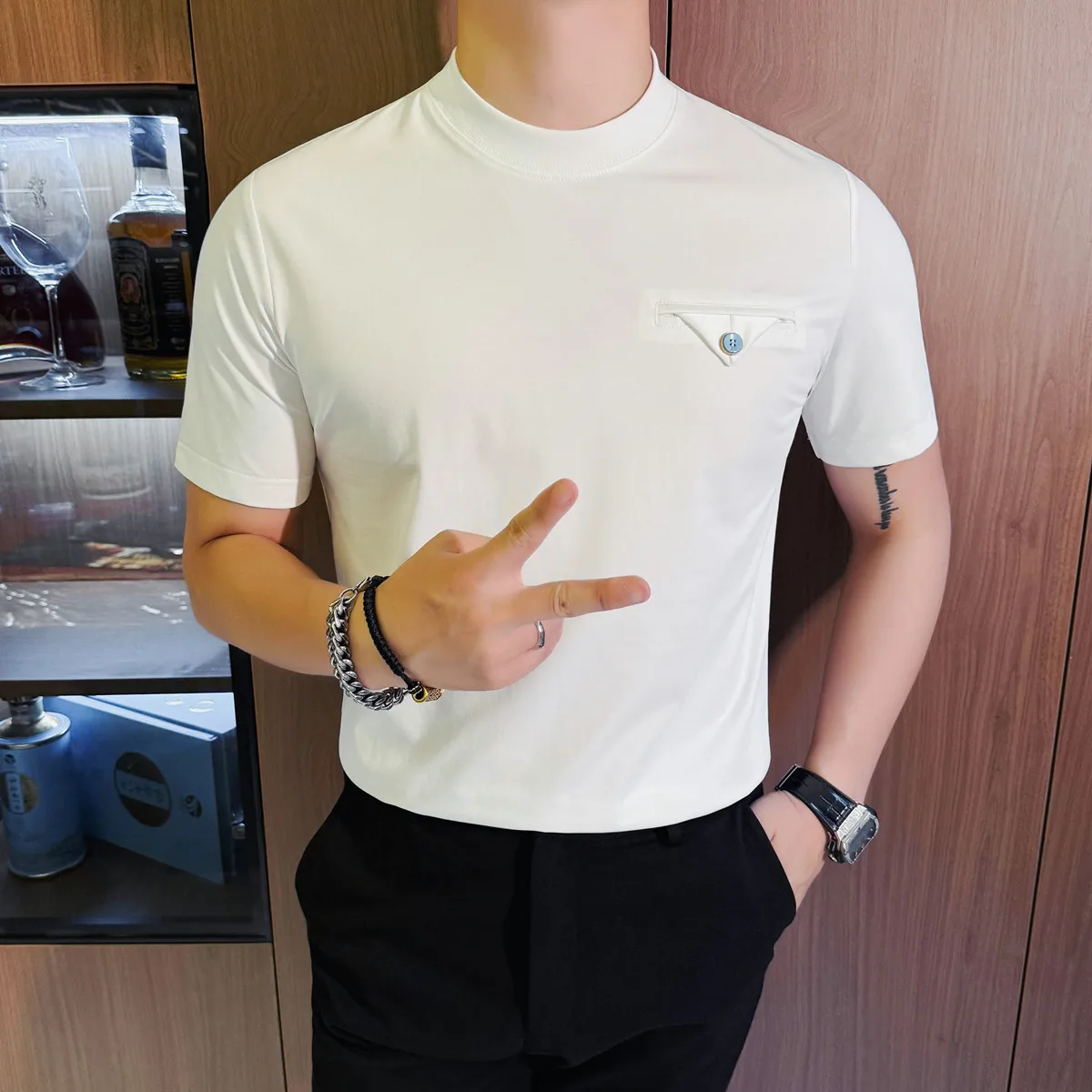 Brand Classic Summer T-shirt Men Slim Short Sleeve Casual T-shirts Versatile Solid Color Round Neck Social Business Base Shirt