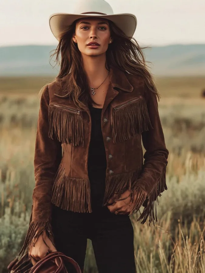 

Women Jacket Suede Fringe Short Jacket Casual Chic Warm Lapel Slim Fit Jacket Elegant Office Tassel Suede Coat Stylish