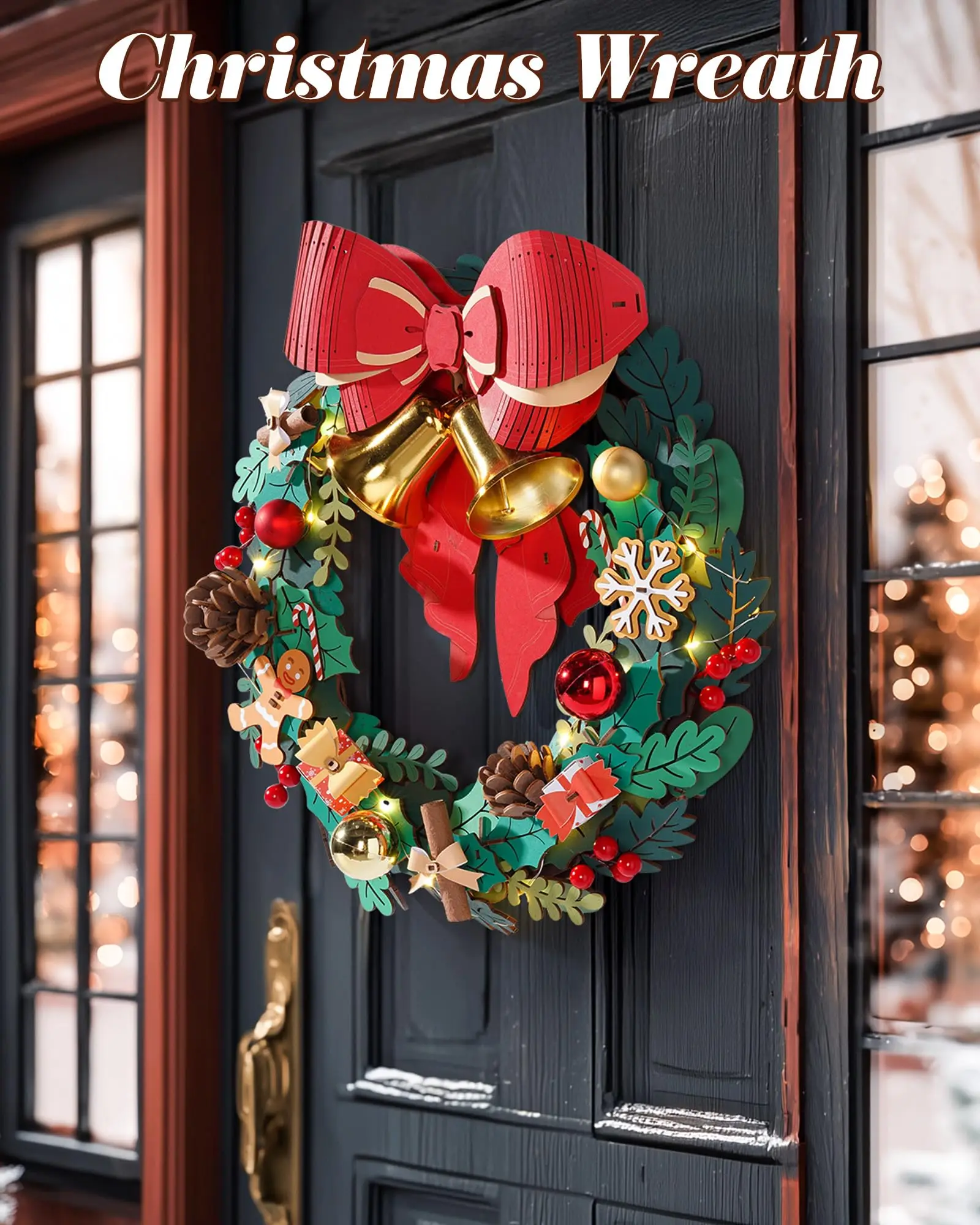 ROBOTIME Rolife إكليل عيد الميلاد ثلاثي الأبعاد لغز خشبي إكليل ذاتي الصنع مع ضوء قابل للبناء زينة عيد الميلاد هدية مثالية للعطلات للبالغين