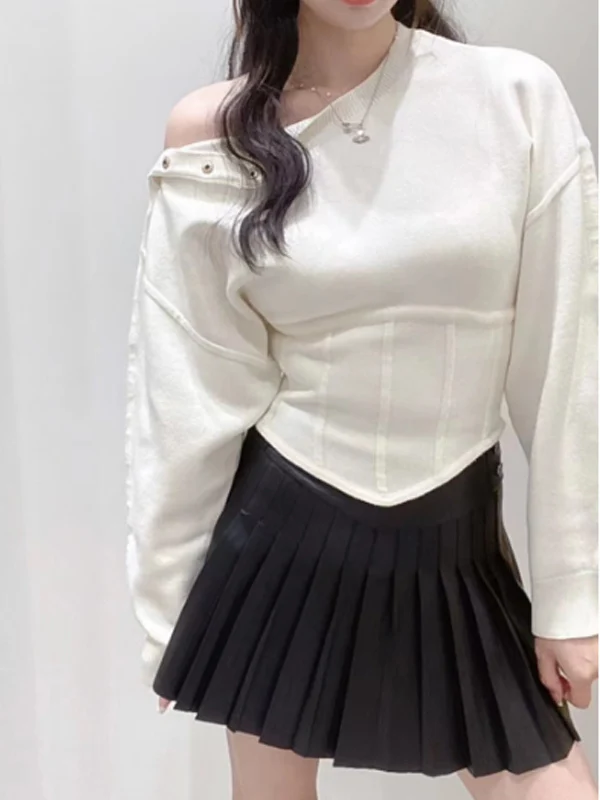 

Quali M-Home Lazy White Knitted Sweater Waist-Cinching oulder-Draped Autumn Winter Inner Wear Design ort Sweet Sle