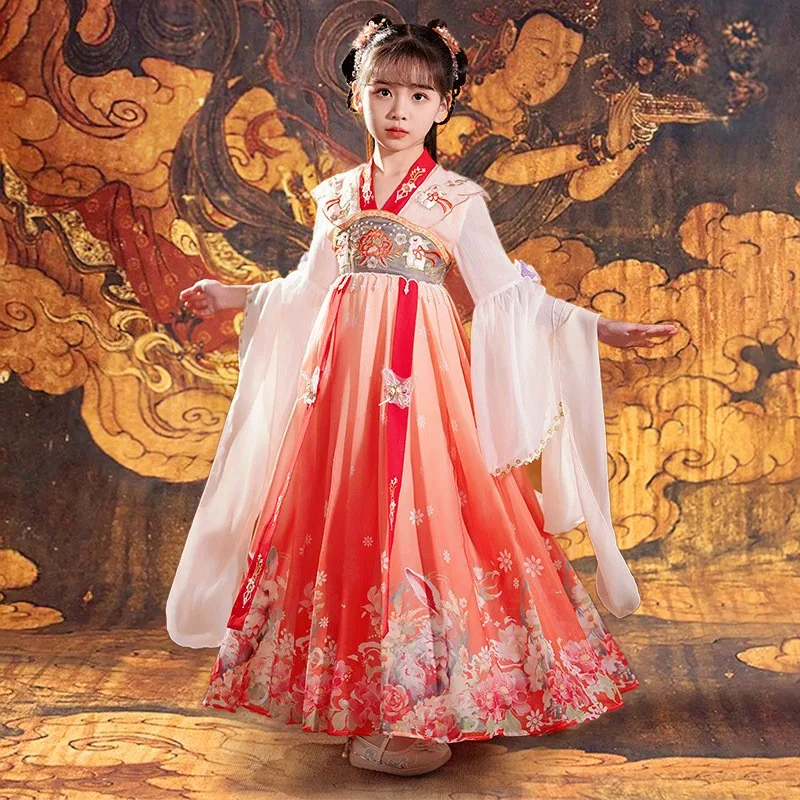 2024 New Embroider Hanfu Kids Vintage Chinese Perform Fairy Dance Dress Gown Girls Prom Formal Birthday Christmas Gift Cosplay